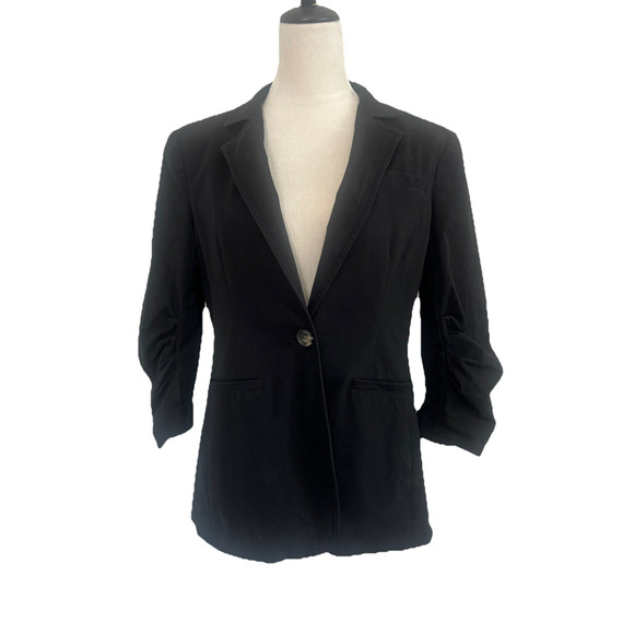 Cinq A Sept Blazer Womens 8 Black Cotton Blend Ruched 3/4 Sleeve Office Modern - Picture 1 of 9